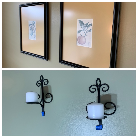 2 decorative prints, 2 wall sconces