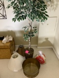 Decorative tree, lamp shades, metal bin