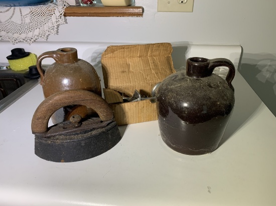 2 Stoneware Small Jugs, Sad Irion & Small Meat Grinder