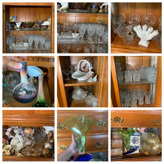 Contents of china cabinet - Great Cut Glass, Fostoria, Blenko, Pottery, & More