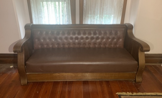 Antique Oak and leather sofa - folds into bed