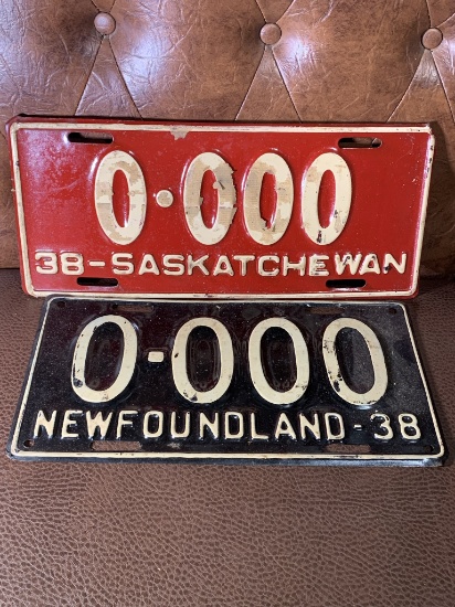 Vintage Saskatchewan 1938 License Plate & Newfoundland 1938 License Plate - Samples