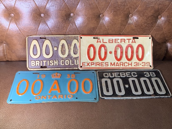 License plates - 1938 Ontario, 1938 Quebec, 1939 Alberta, 1938 British Columbia