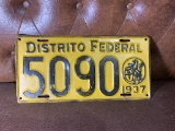 Vintage Foreign Distrito Federal 1937 License Plate