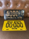 Vintage Foreign Yukon 1938 & Nova Scotia 1938 License Plates - Samples