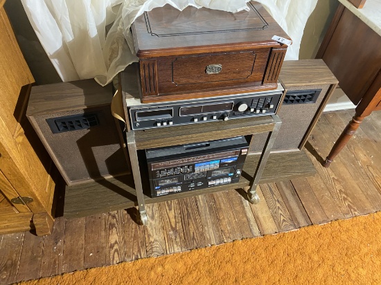 Repro record player, vintage stereo lot