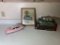 2 Cadillac Diecast Cars and Framed Advertising Piece