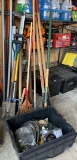 Group of Yard Handles, Clamps, and Tote with Electrical Items