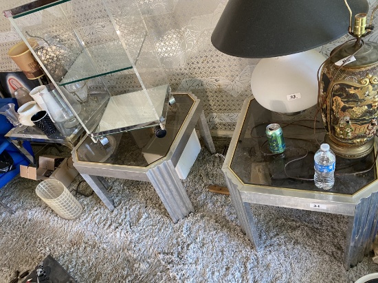 Group lot of 3 retro glass and metal tables