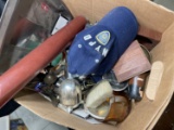 Box of political buttons, smalls, dressing brush and more