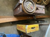 Coca Cola crate, skis, old suitcase, Hass beer advertising piece