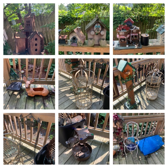 Assortment of Bird Houses, Bird Feeders, and Decorative Yard Items