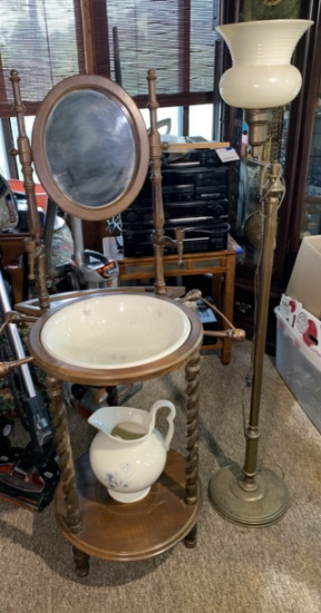 Antique Washstand with pitcher, Bowl & Floor Lamp