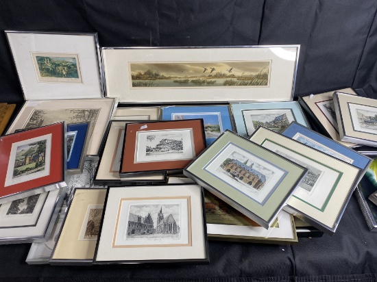 Large lot of small framed art pieces - etchings, watercolor and more.
