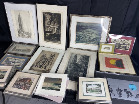 Large lot of etchings, framed art and more