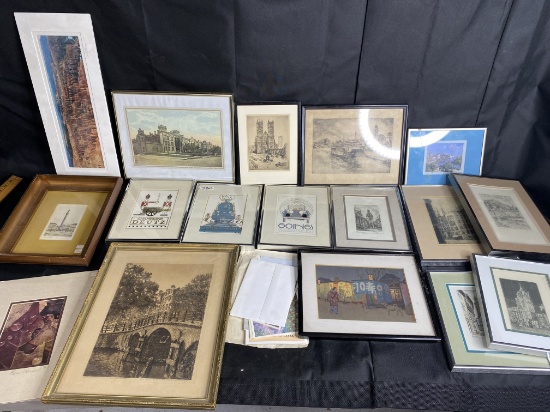 Group lot of framed art, etchings, Japanese Woodblock print