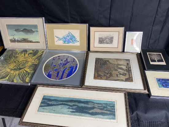 Group lot of framed etchings, art and more