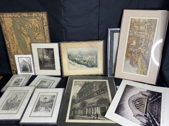 Group lot of framed Prints including Curt Szekessy, Map of Long Island and more