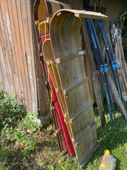 Group lot of better old sleds toboggans including LL Bean, Withington