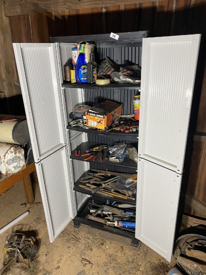 Plastic storage cabinet and contents - tools