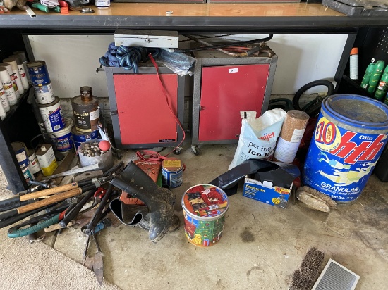 Items under workbench lot including tool boxes