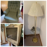 Vintage Brass floor lamp, chair, television