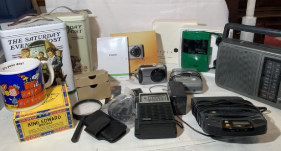 Group of Electronics, Tins, Mug & More