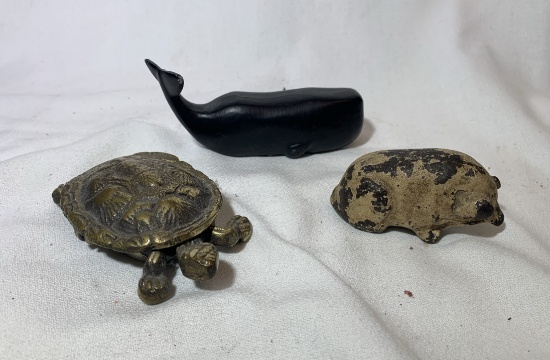 Cast Iron Pig, Turtle Ring Box & Whale Statue