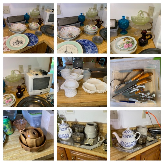 Large Assortment of Glassware, Cutlery, Bread Pan, Pewter & More