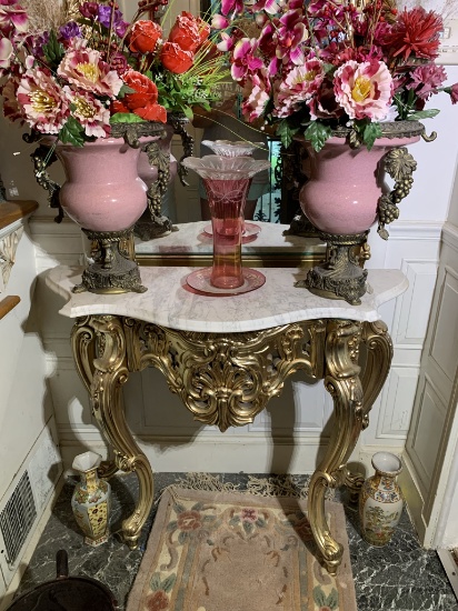 Vintage Marble Topped Table, Vases & Candle Holder.