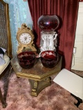 Italian style side table, clock, crystal dangle lamp, red glass pieces