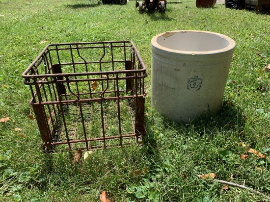 Metal Milk Crate & 4 Gallon Stoneware Crock.  See Photos for Damage