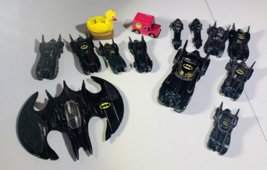 Group of Batman Cars - Ertl Batwing, Ertl Batmobile, Ertl Penguin, Ertl Skinny Batmobile