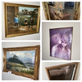 Group lot of framed art including oil on canvas, early lithograph