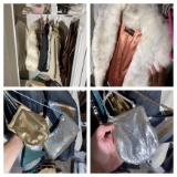 Closet Contents lot including Fur Coat, Fancy metallic purses