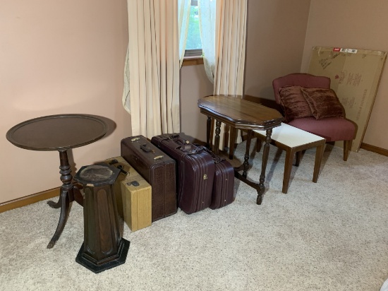 Parlor Table, Pedestal, Vintage Suitcases, Chair, Frame Backing & Frame Matting