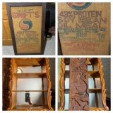 Framed Feed Sack, Mirror Back Shelf and Vintage Cookie Mold Board