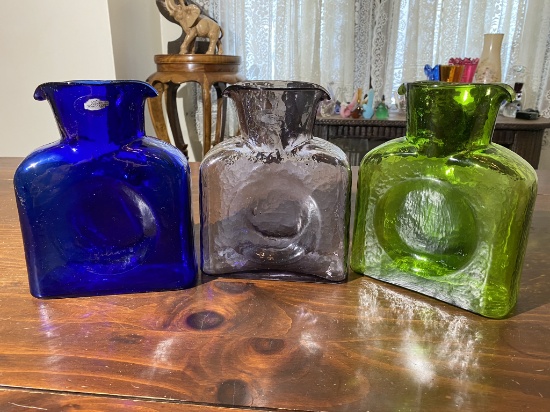 Group of 3 Blenko Glass Double Spouted Pitchers