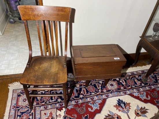 Antique Chair and Wooden Tool Box PLUS a stool