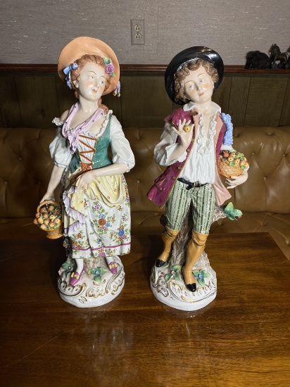 Pair of Antique Large Sitzendorf Porcelain figures of a boy and girl