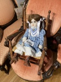 Vintage Porcelain Doll in Antique Small Chair