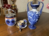 Group lot of Antique English Gilt Blue Ceramic Pieces