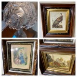 Vintage glass lamp plus 3 older framed prints