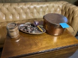 Misc Items group including copper finish cooker, rattle, Hockey Valley Bank advertising piece