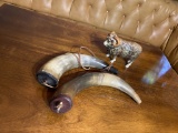 Antique ceramic Ram PLUS 2 Old Powder Horns