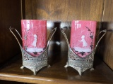Pair Sandwich Glass Vases in Silver Plate Stands