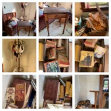 Primitive Side Stand, Wicker Chest w/ Soft Goods, Hat Rack, Sewing Items, Books, Single Bed More