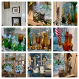 Dining Room Window Decorations  - Assortment of Colored Glass, Vases, Foot Stool, Planters & More