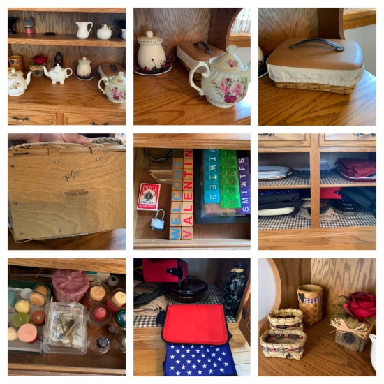 Tea Pots, Longaberger Basket, Candles, Plastic Serving Trays & More