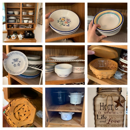 Contents of Cabinet - Corelle Dishes, Tea Pot Longaberger Basket, Slow Cookers & More